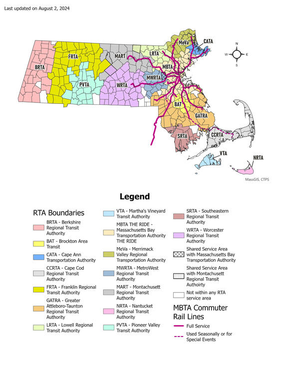 Map showing cities and towns within service areas of each Regional Transit Authority and which cities and towns are served by the MBTA. updated August 2, 2024