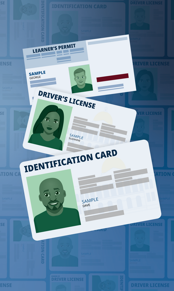 Graphic animation showing a learner's permit, driver's license, and Mass ID.