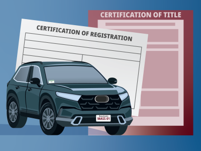 Graphic animation of a vehicle with a title and registration behind it.