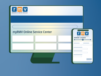 Graphic animation showing a computer and phone opening the Online Service Center.