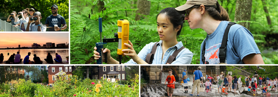 A collage image of youth bird watching, environmentalist measuring water quality, people watching the sunset on a dock in Boston, a community garden, and families fishing.